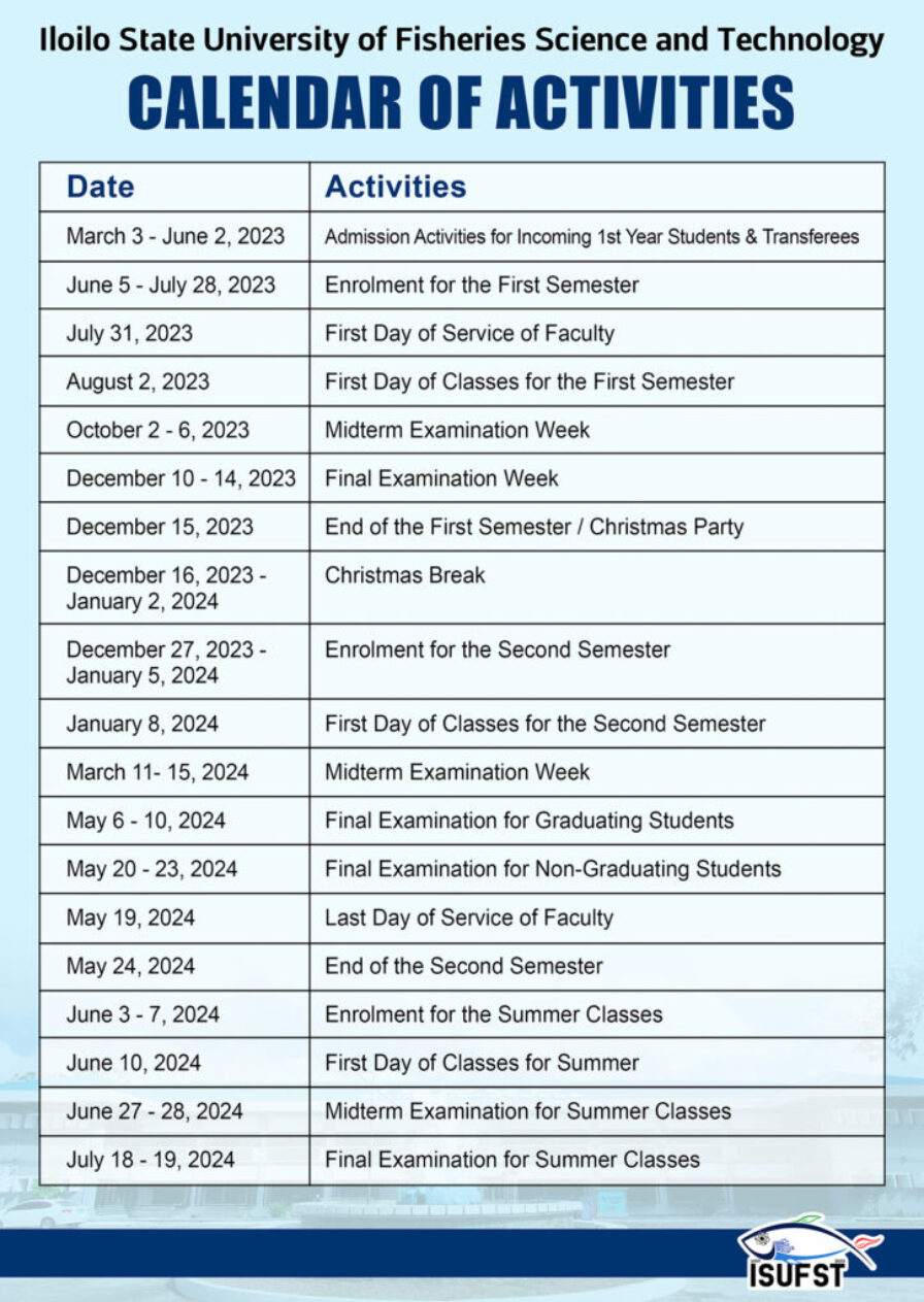 ISUFST Calendar of Activities for the SY 2023-2024 – ISUFST